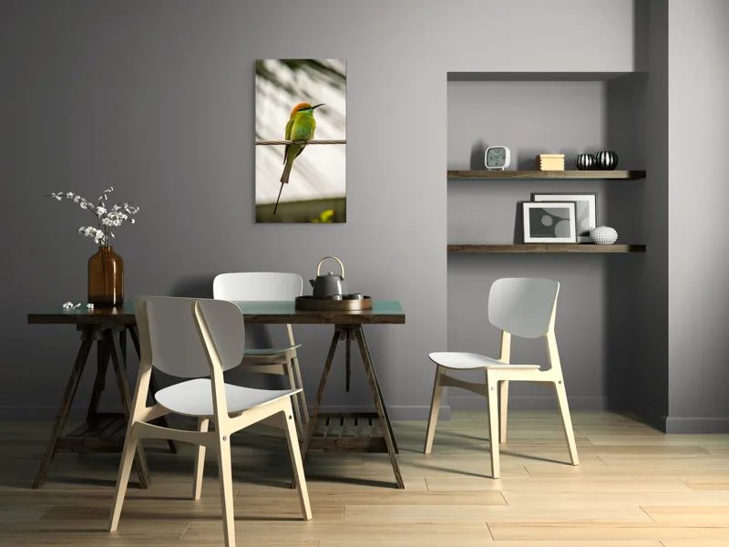 Tablou Canvas, "Pasărea culorilor tropicale odihnindu-se", Pene, Verde, Portocaliu, Fragil, Sârmă, Ochi, Vedere, Aripi, Contrast, Linia, Natură, 50 x 90 cm – poza 4