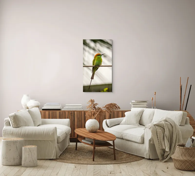Tablou Canvas, "Pasărea culorilor tropicale odihnindu-se", Pene, Verde, Portocaliu, Fragil, Sârmă, Ochi, Vedere, Aripi, Contrast, Linia, Natură, 50 x 90 cm – poza 7