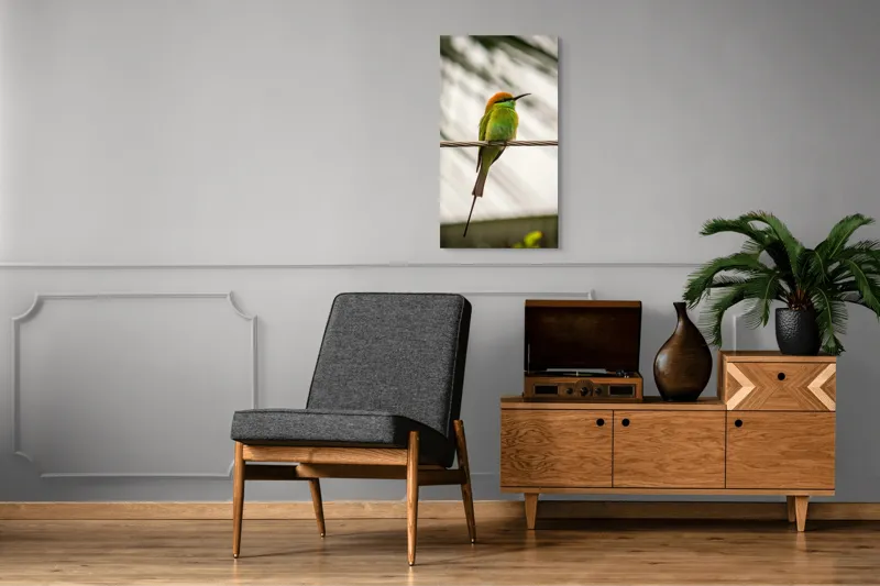Tablou Canvas, "Pasărea culorilor tropicale odihnindu-se", Pene, Verde, Portocaliu, Fragil, Sârmă, Ochi, Vedere, Aripi, Contrast, Linia, Natură, 50 x 90 cm – poza 8
