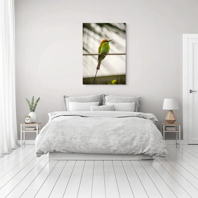 Tablou Canvas, "Pasărea culorilor tropicale odihnindu-se", Pene, Verde, Portocaliu, Fragil, Sârmă, Ochi, Vedere, Aripi, Contrast, Linia, Natură, 70 x 100 cm – poza 3