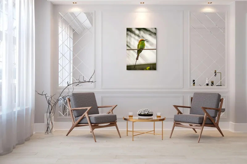 Tablou Canvas, "Pasărea culorilor tropicale odihnindu-se", Pene, Verde, Portocaliu, Fragil, Sârmă, Ochi, Vedere, Aripi, Contrast, Linia, Natură, 70 x 100 cm – poza 8