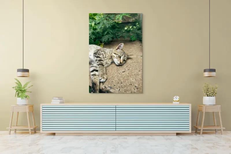 Tablou Canvas, "Timp de odihnă pentru pisică", Pisică, Relaxată, Blană, Verdeață, Pardoseală, Ochișori, Urechi, Ștrengărie, Ghemuită, Odihnă, 100 x 150 cm – poza 4
