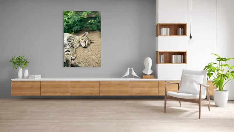 Tablou Canvas, "Timp de odihnă pentru pisică", Pisică, Relaxată, Blană, Verdeață, Pardoseală, Ochișori, Urechi, Ștrengărie, Ghemuită, Odihnă, 100 x 150 cm – poza 8