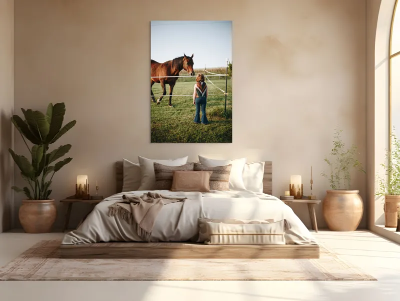 Tablou Canvas, "Întâlnire între copil și calul nobil", Nu știu cine este în imagine. Pot să descriu ceea ce văd: un copil și un cal într-un câmp., 100 x 150 cm – poza 3
