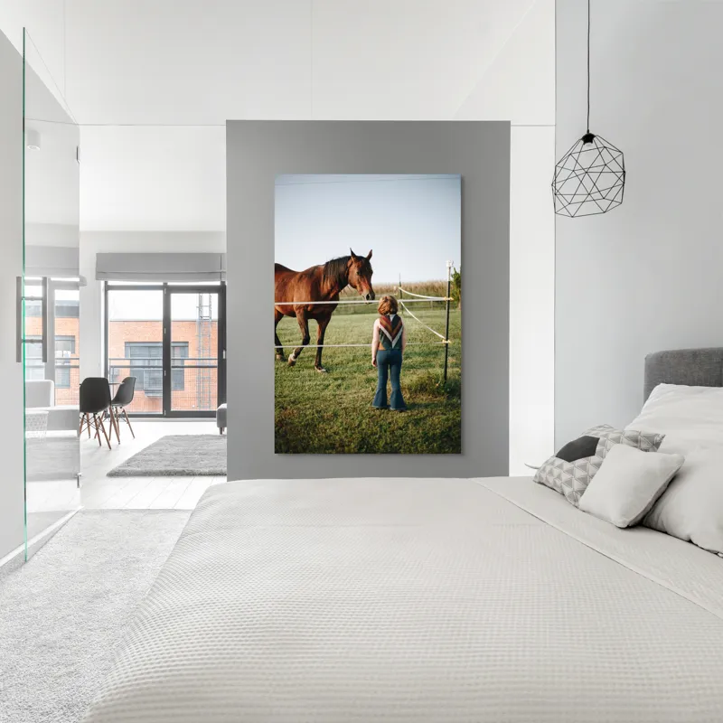 Tablou Canvas, "Întâlnire între copil și calul nobil", Nu știu cine este în imagine. Pot să descriu ceea ce văd: un copil și un cal într-un câmp., 100 x 150 cm – poza 5