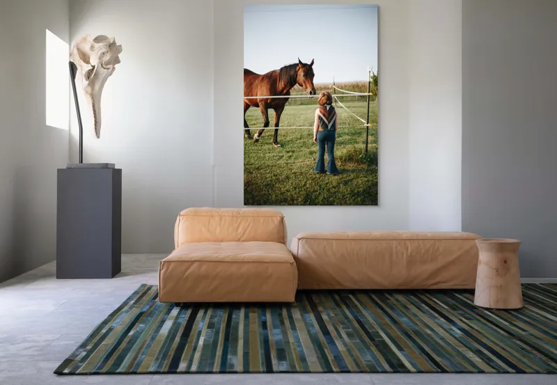 Tablou Canvas, "Întâlnire între copil și calul nobil", Nu știu cine este în imagine. Pot să descriu ceea ce văd: un copil și un cal într-un câmp., 100 x 150 cm – poza 7