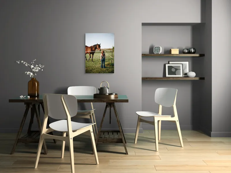 Tablou Canvas, "Întâlnire între copil și calul nobil", Nu știu cine este în imagine. Pot să descriu ceea ce văd: un copil și un cal într-un câmp., 50 x 70 cm – poza 5