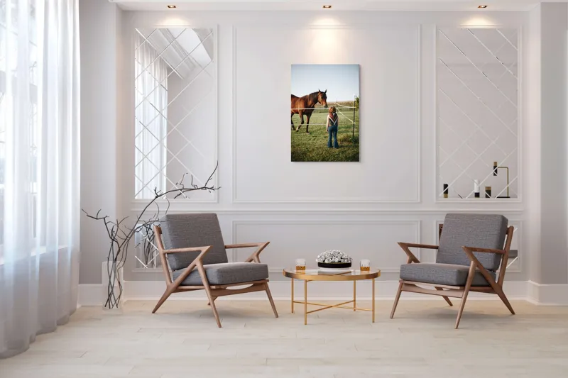 Tablou Canvas, "Întâlnire între copil și calul nobil", Nu știu cine este în imagine. Pot să descriu ceea ce văd: un copil și un cal într-un câmp., 70 x 100 cm – poza 8