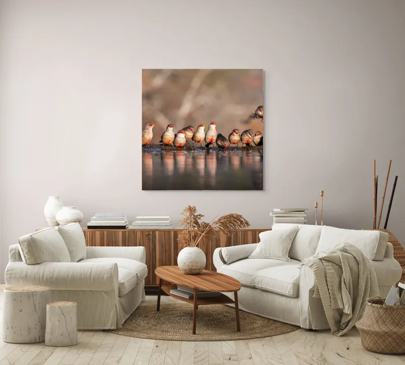 Tablou Canvas, "Rândunici pe marginea apei lucii", Păsări, Reflexie, Apă, Zbor, Grup, Natură, Rojii., 100 x 100 cm – poza 3