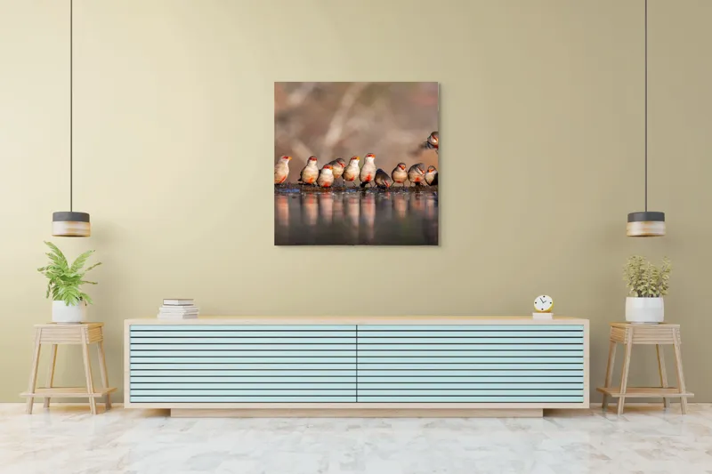 Tablou Canvas, "Rândunici pe marginea apei lucii", Păsări, Reflexie, Apă, Zbor, Grup, Natură, Rojii., 100 x 100 cm – poza 5