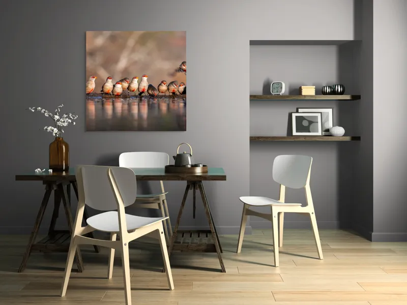 Tablou Canvas, "Rândunici pe marginea apei lucii", Păsări, Reflexie, Apă, Zbor, Grup, Natură, Rojii., 100 x 100 cm – poza 6