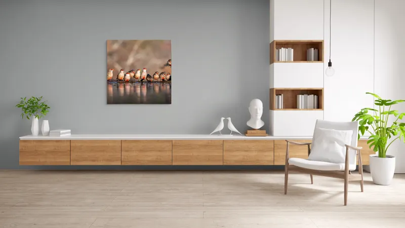 Tablou Canvas, "Rândunici pe marginea apei lucii", Păsări, Reflexie, Apă, Zbor, Grup, Natură, Rojii., 100 x 100 cm – poza 8