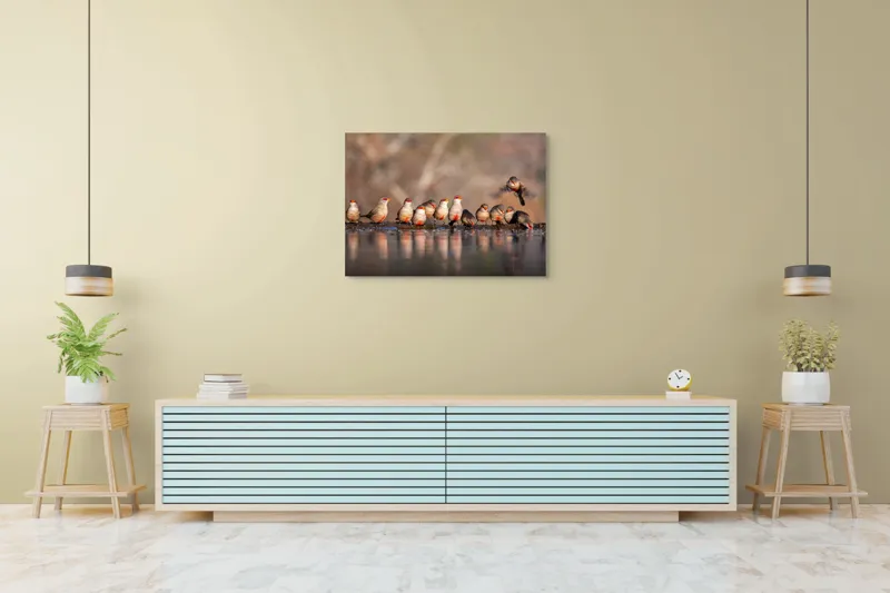 Tablou Canvas, "Rândunici pe marginea apei lucii", Păsări, Reflexie, Apă, Zbor, Grup, Natură, Rojii., 100 x 70 cm – poza 4