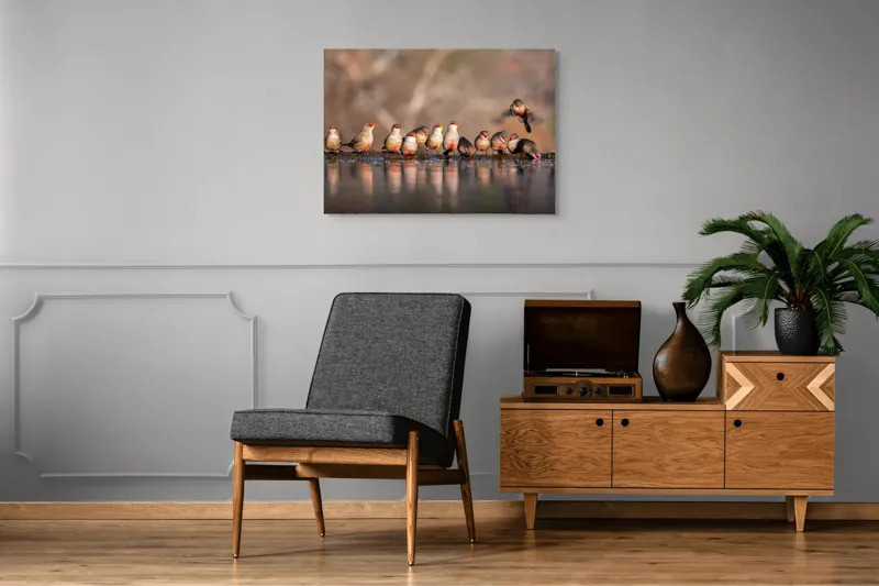 Tablou Canvas, "Rândunici pe marginea apei lucii", Păsări, Reflexie, Apă, Zbor, Grup, Natură, Rojii., 100 x 70 cm – poza 8
