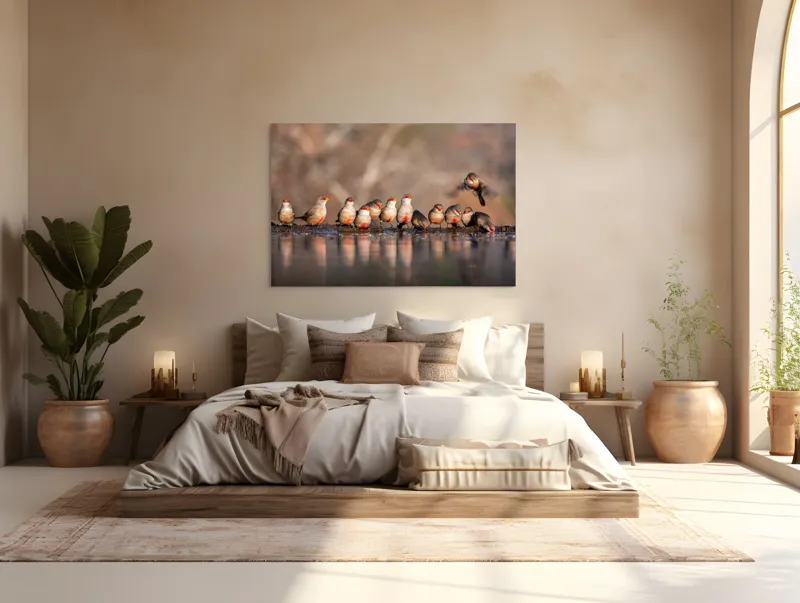 Tablou Canvas, "Rândunici pe marginea apei lucii", Păsări, Reflexie, Apă, Zbor, Grup, Natură, Rojii., 150 x 100 cm – poza 4