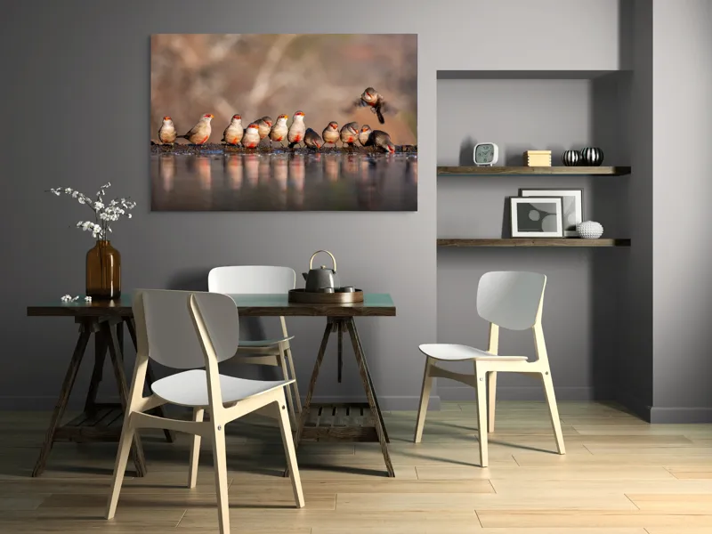 Tablou Canvas, "Rândunici pe marginea apei lucii", Păsări, Reflexie, Apă, Zbor, Grup, Natură, Rojii., 150 x 100 cm – poza 5