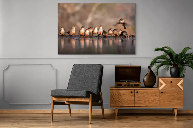 Tablou Canvas, "Rândunici pe marginea apei lucii", Păsări, Reflexie, Apă, Zbor, Grup, Natură, Rojii., 150 x 100 cm – poza 8