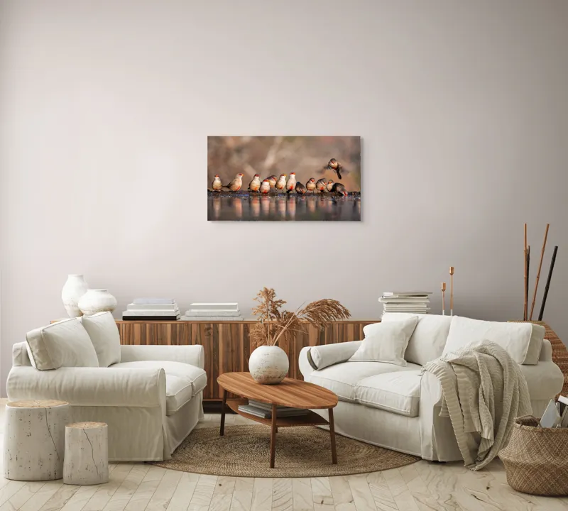 Tablou Canvas, "Rândunici pe marginea apei lucii", Păsări, Reflexie, Apă, Zbor, Grup, Natură, Rojii., 90 x 50 cm – poza 4
