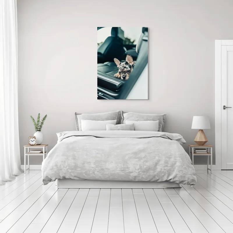 Tablou Canvas, "Cățel odihnindu-se pe banchetă auto", 70 x 100 cm – poza 3