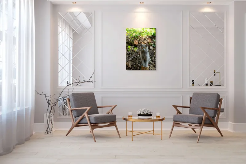 Tablou Canvas, "Pisica gri în pădurea de vară", Pisică, Gri, Ochi, Portocalii, Natură, Frunze, Tulpini, Lemn, Fundal, Blană, 70 x 100 cm – poza 8