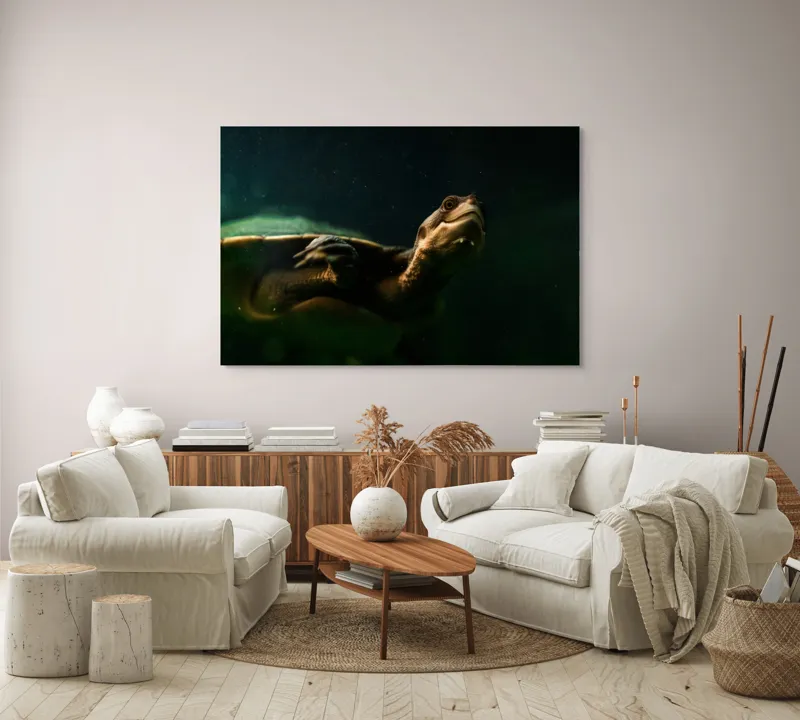 Tablou Canvas, "Broasca țestoasă în profunzimea apei", Tortură, Acvatic, Întuneric, Privire, Solitară, 150 x 100 cm – poza 3