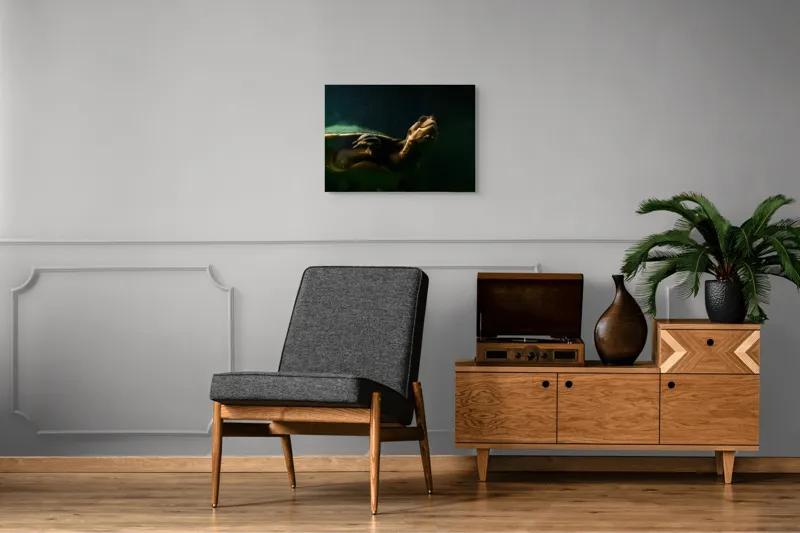 Tablou Canvas, "Broasca țestoasă în profunzimea apei", Tortură, Acvatic, Întuneric, Privire, Solitară, 70 x 50 cm – poza 4