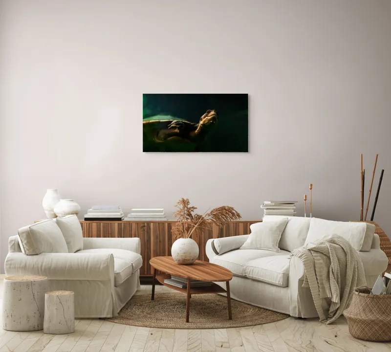 Tablou Canvas, "Broasca țestoasă în profunzimea apei", Tortură, Acvatic, Întuneric, Privire, Solitară, 90 x 50 cm – poza 4