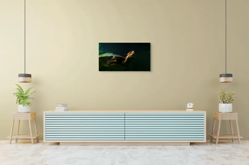 Tablou Canvas, "Broasca țestoasă în profunzimea apei", Tortură, Acvatic, Întuneric, Privire, Solitară, 90 x 50 cm – poza 5