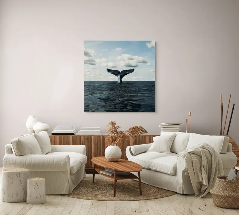 Tablou Canvas, "În adâncurile mării albastre", Cer, Nor, Coada, Balena, Ocean, Valuri, Orizont, Libertate, 100 x 100 cm – poza 3