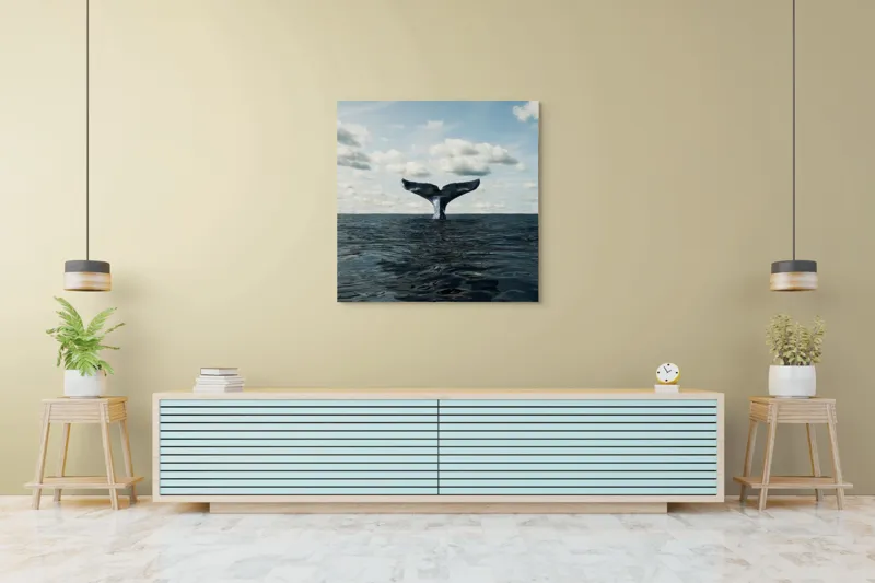 Tablou Canvas, "În adâncurile mării albastre", Cer, Nor, Coada, Balena, Ocean, Valuri, Orizont, Libertate, 100 x 100 cm – poza 5