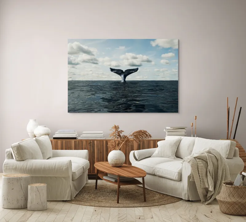 Tablou Canvas, "În adâncurile mării albastre", Cer, Nor, Coada, Balena, Ocean, Valuri, Orizont, Libertate, 150 x 100 cm – poza 3
