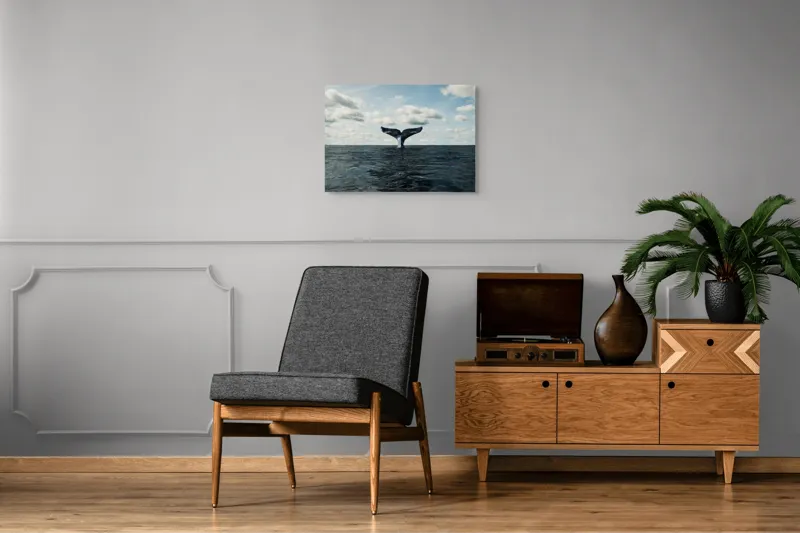 Tablou Canvas, "În adâncurile mării albastre", Cer, Nor, Coada, Balena, Ocean, Valuri, Orizont, Libertate, 70 x 50 cm – poza 4