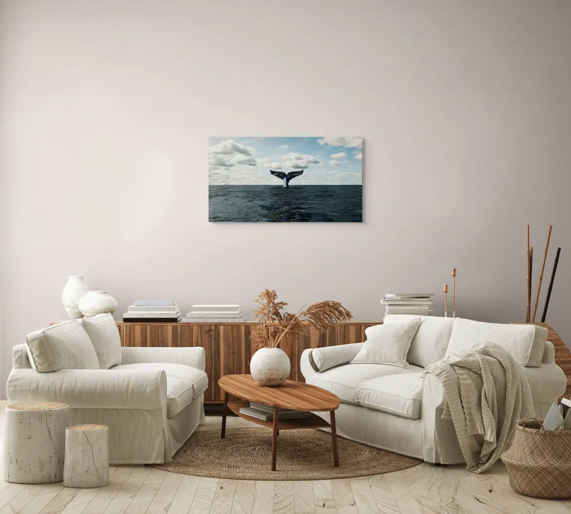 Tablou Canvas, "În adâncurile mării albastre", Cer, Nor, Coada, Balena, Ocean, Valuri, Orizont, Libertate, 90 x 50 cm – poza 4