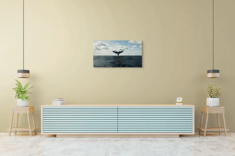 Tablou Canvas, "În adâncurile mării albastre", Cer, Nor, Coada, Balena, Ocean, Valuri, Orizont, Libertate, 90 x 50 cm – poza 5