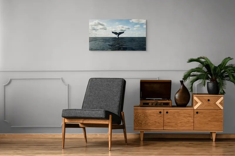 Tablou Canvas, "În adâncurile mării albastre", Cer, Nor, Coada, Balena, Ocean, Valuri, Orizont, Libertate, 90 x 50 cm – poza 6