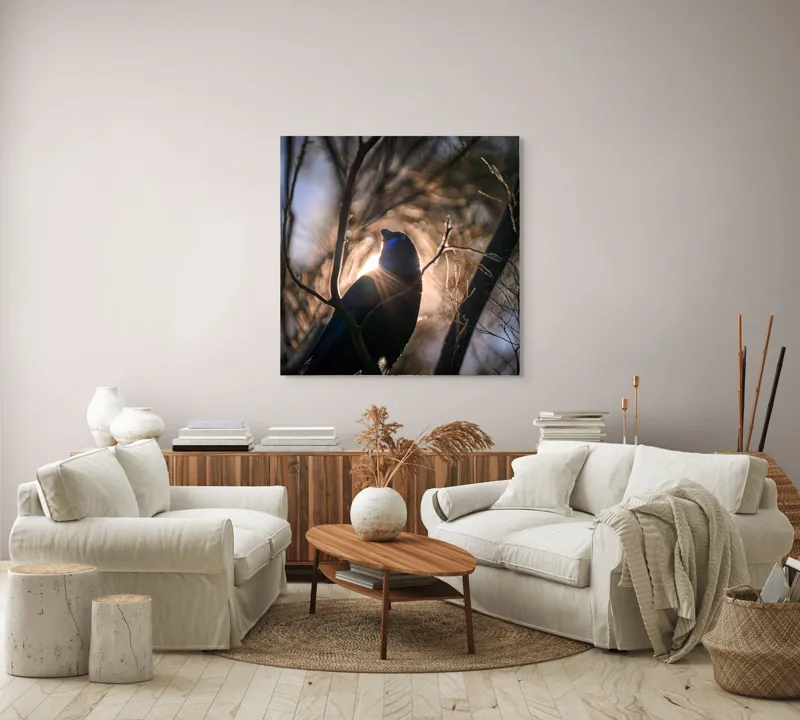 Tablou Canvas, "Pasărea și lumina dimineții pădurii", Mister, Siluetă, Ramuri, Lumină, Păsări, Natură, Aurore, Strălucire, Privire, Taină, 100 x 100 cm – poza 3