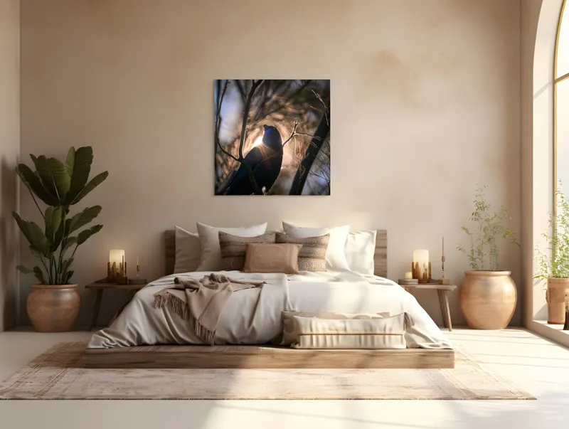 Tablou Canvas, "Pasărea și lumina dimineții pădurii", Mister, Siluetă, Ramuri, Lumină, Păsări, Natură, Aurore, Strălucire, Privire, Taină, 100 x 100 cm – poza 4