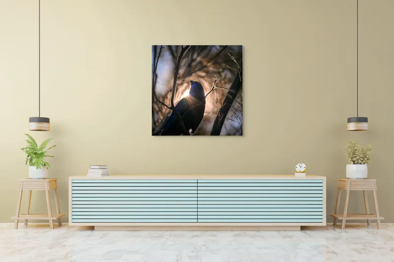 Tablou Canvas, "Pasărea și lumina dimineții pădurii", Mister, Siluetă, Ramuri, Lumină, Păsări, Natură, Aurore, Strălucire, Privire, Taină, 100 x 100 cm – poza 5