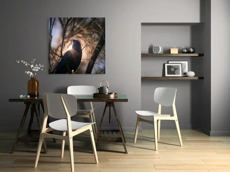 Tablou Canvas, "Pasărea și lumina dimineții pădurii", Mister, Siluetă, Ramuri, Lumină, Păsări, Natură, Aurore, Strălucire, Privire, Taină, 100 x 100 cm – poza 6