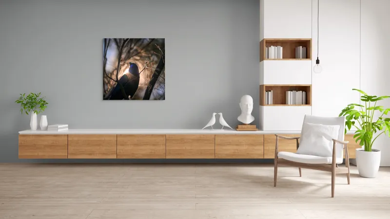 Tablou Canvas, "Pasărea și lumina dimineții pădurii", Mister, Siluetă, Ramuri, Lumină, Păsări, Natură, Aurore, Strălucire, Privire, Taină, 100 x 100 cm – poza 8
