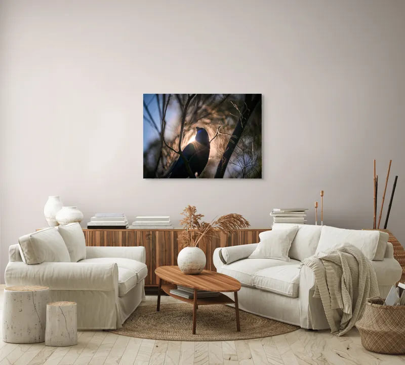 Tablou Canvas, "Pasărea și lumina dimineții pădurii", Mister, Siluetă, Ramuri, Lumină, Păsări, Natură, Aurore, Strălucire, Privire, Taină, 100 x 70 cm – poza 3
