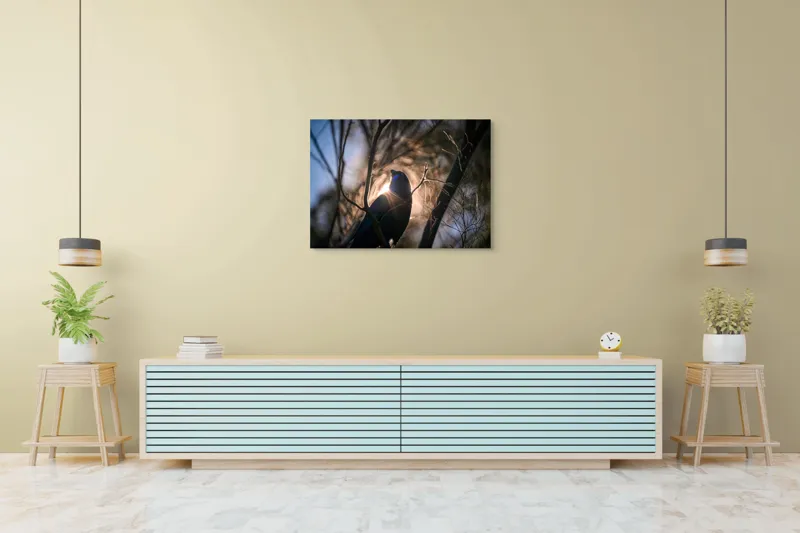 Tablou Canvas, "Pasărea și lumina dimineții pădurii", Mister, Siluetă, Ramuri, Lumină, Păsări, Natură, Aurore, Strălucire, Privire, Taină, 100 x 70 cm – poza 4