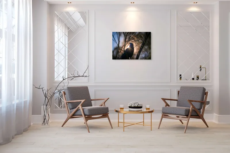 Tablou Canvas, "Pasărea și lumina dimineții pădurii", Mister, Siluetă, Ramuri, Lumină, Păsări, Natură, Aurore, Strălucire, Privire, Taină, 100 x 70 cm – poza 5