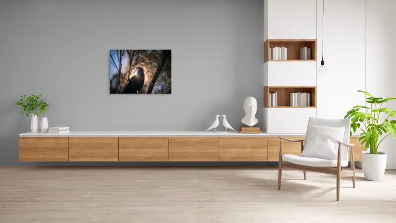 Tablou Canvas, "Pasărea și lumina dimineții pădurii", Mister, Siluetă, Ramuri, Lumină, Păsări, Natură, Aurore, Strălucire, Privire, Taină, 100 x 70 cm – poza 6