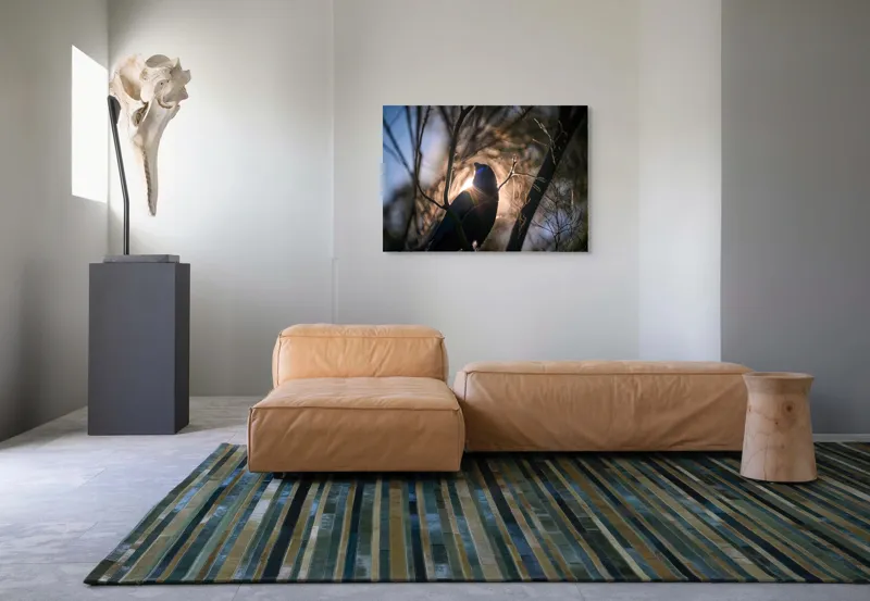 Tablou Canvas, "Pasărea și lumina dimineții pădurii", Mister, Siluetă, Ramuri, Lumină, Păsări, Natură, Aurore, Strălucire, Privire, Taină, 100 x 70 cm – poza 7
