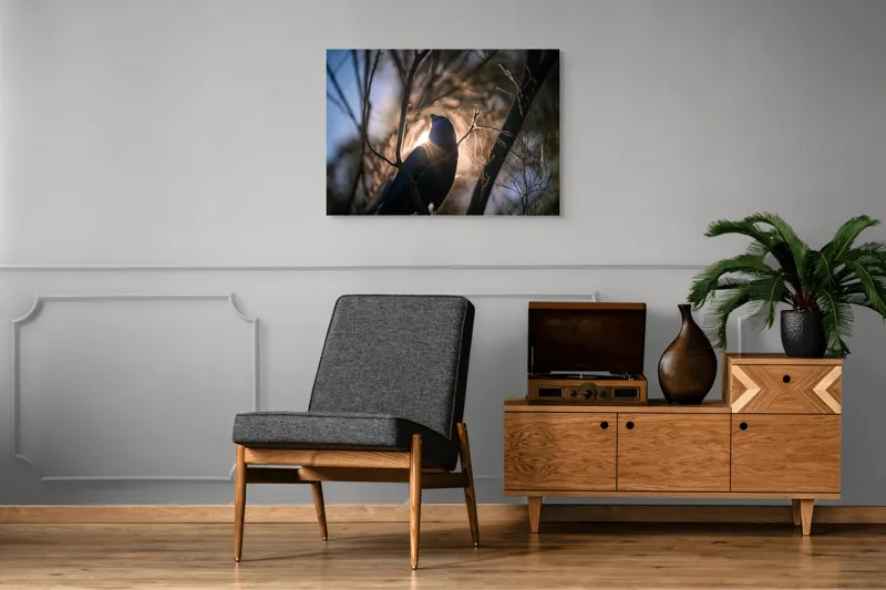 Tablou Canvas, "Pasărea și lumina dimineții pădurii", Mister, Siluetă, Ramuri, Lumină, Păsări, Natură, Aurore, Strălucire, Privire, Taină, 100 x 70 cm – poza 8