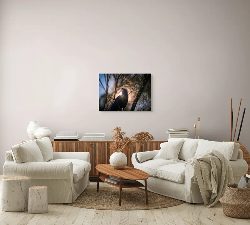 Tablou Canvas, "Pasărea și lumina dimineții pădurii", Mister, Siluetă, Ramuri, Lumină, Păsări, Natură, Aurore, Strălucire, Privire, Taină, 70 x 50 cm – poza 6