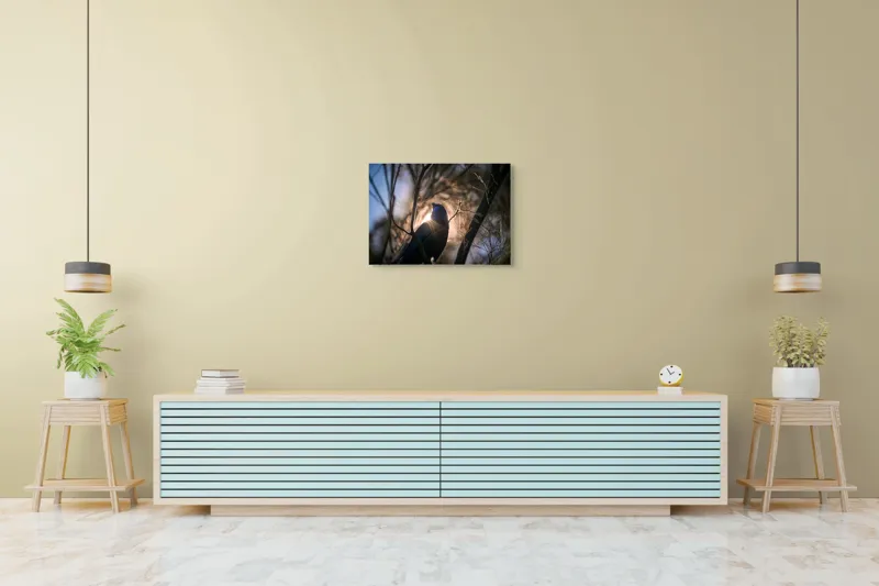 Tablou Canvas, "Pasărea și lumina dimineții pădurii", Mister, Siluetă, Ramuri, Lumină, Păsări, Natură, Aurore, Strălucire, Privire, Taină, 70 x 50 cm – poza 7