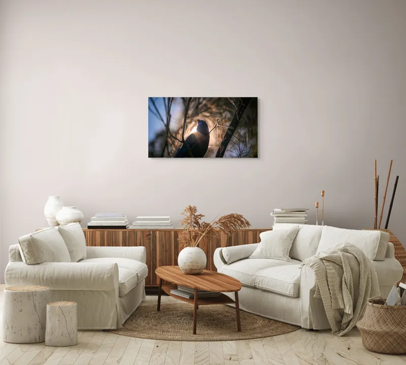 Tablou Canvas, "Pasărea și lumina dimineții pădurii", Mister, Siluetă, Ramuri, Lumină, Păsări, Natură, Aurore, Strălucire, Privire, Taină, 90 x 50 cm – poza 4