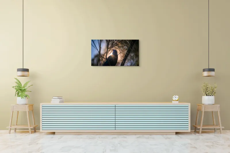 Tablou Canvas, "Pasărea și lumina dimineții pădurii", Mister, Siluetă, Ramuri, Lumină, Păsări, Natură, Aurore, Strălucire, Privire, Taină, 90 x 50 cm – poza 5